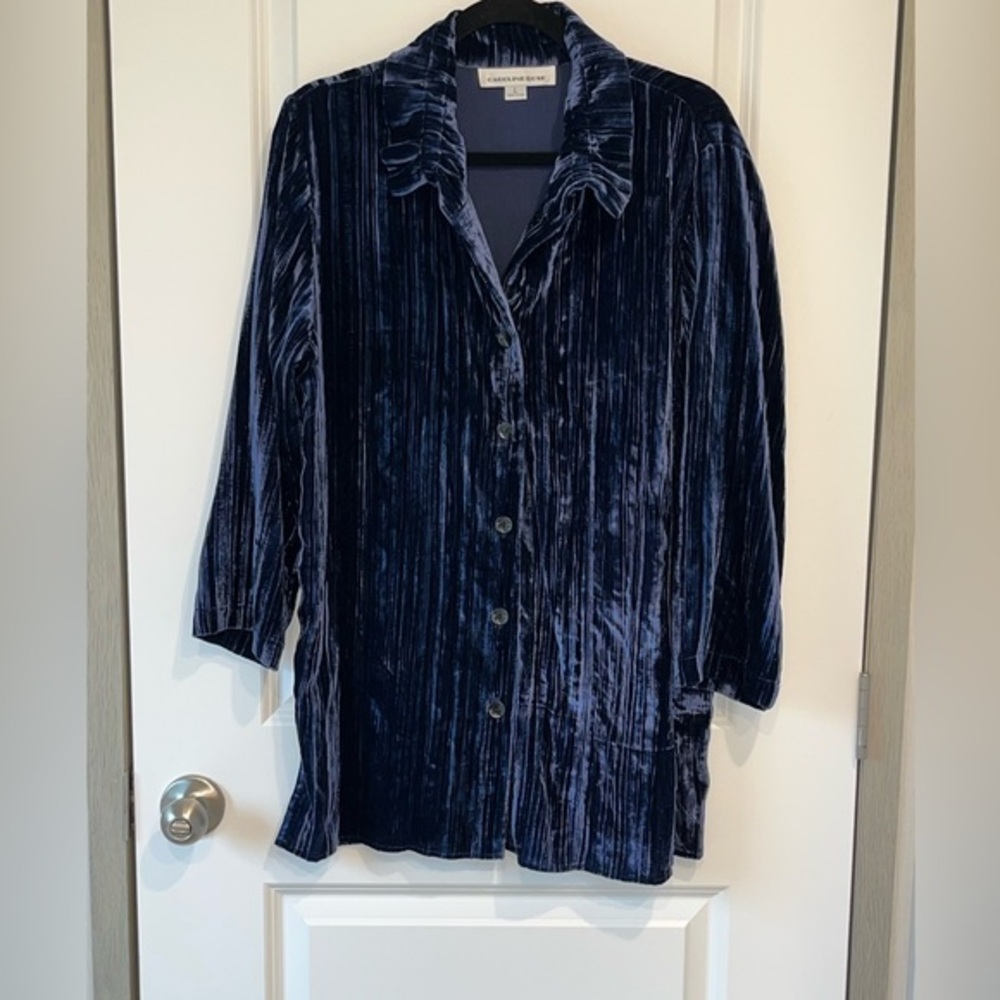 Caroline Rose Crushed Velvet Button Up Shirt Size L Blue 3/4 Sleeve Witchy